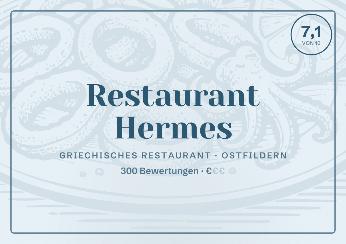 Illustriertes Poster von Restaurant Hermes, Griechisches Restaurant in Ostfildern: Bewertung 7,1 von 10 aus 300 Bewertungen, Preisniveau €