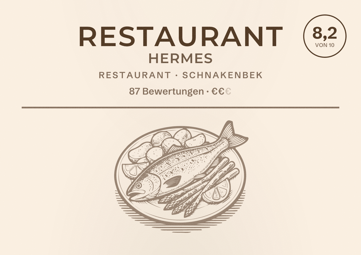 Illustriertes Poster von Restaurant Hermes, Restaurant in Schnakenbek: Bewertung 8,2 von 10 aus 87 Bewertungen, Preisniveau €€