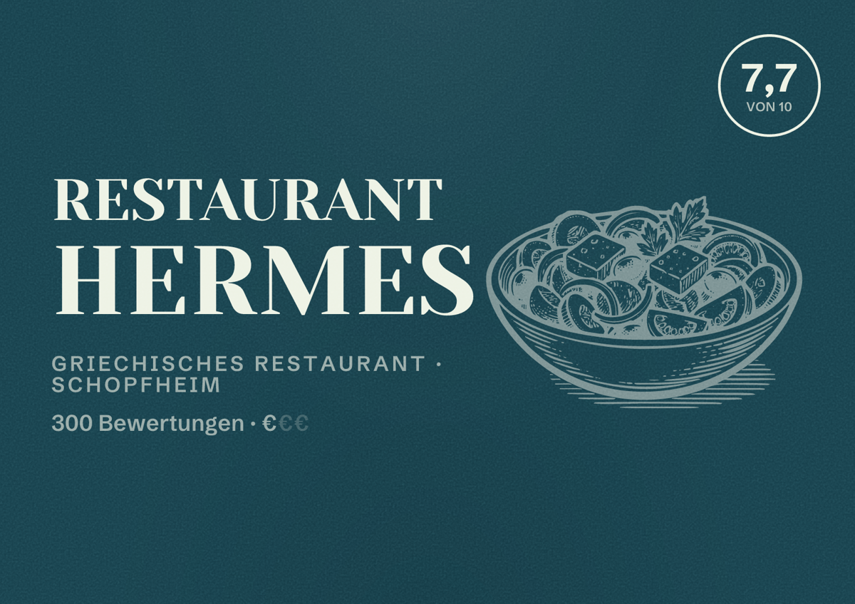 Illustriertes Poster von Restaurant Hermes, Griechisches Restaurant in Schopfheim: Bewertung 7,7 von 10 aus 300 Bewertungen, Preisniveau €