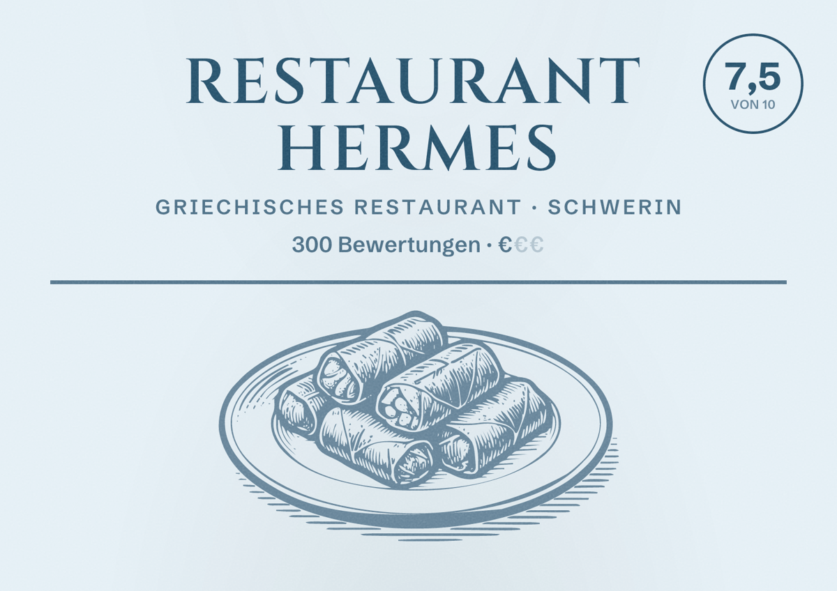 Illustriertes Poster von Restaurant Hermes, Griechisches Restaurant in Schwerin: Bewertung 7,5 von 10 aus 300 Bewertungen, Preisniveau €