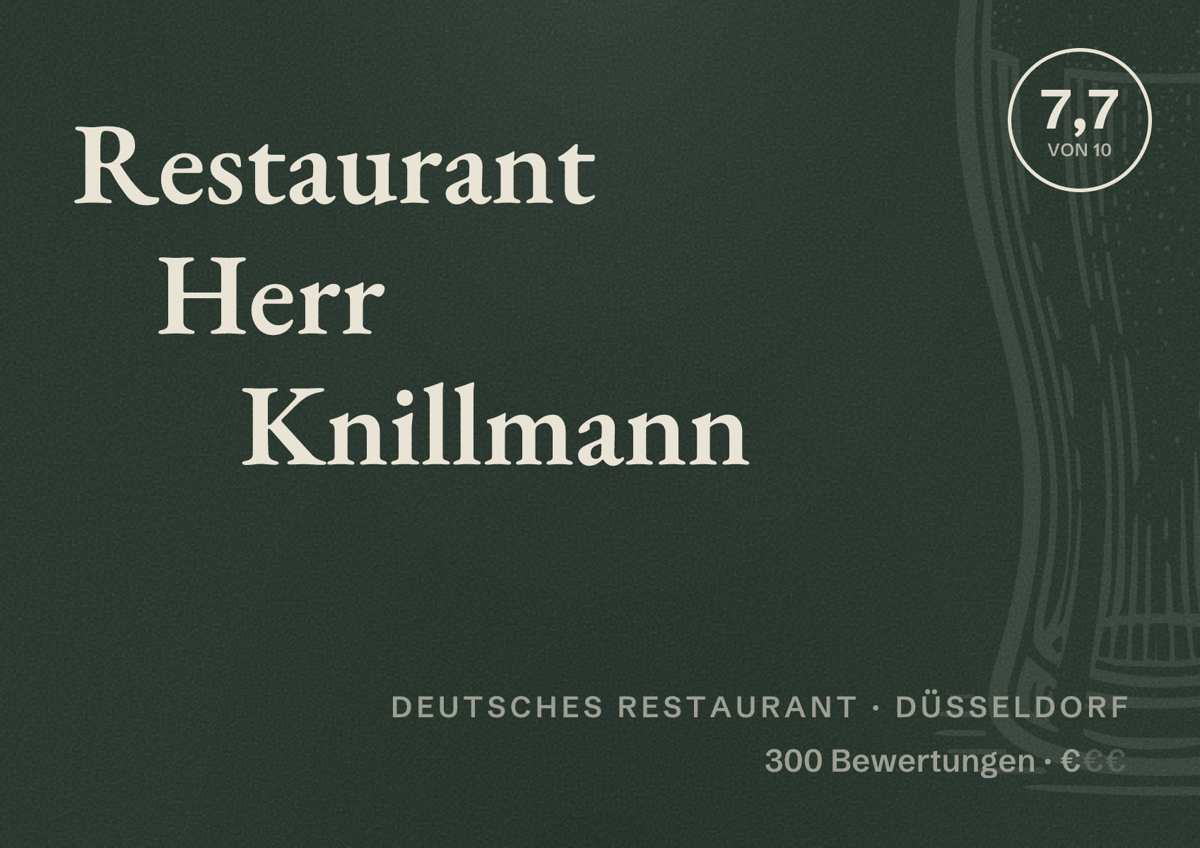 Illustriertes Poster von Restaurant Herr Knillmann, Deutsches Restaurant in Düsseldorf: Bewertung 7,7 von 10 aus 300 Bewertungen, Preisniveau €