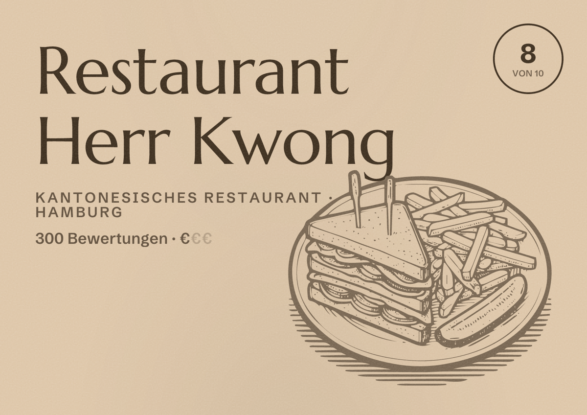 Illustriertes Poster von Restaurant Herr Kwong, Kantonesisches Restaurant in Hamburg: Bewertung 8,0 von 10 aus 300 Bewertungen, Preisniveau €