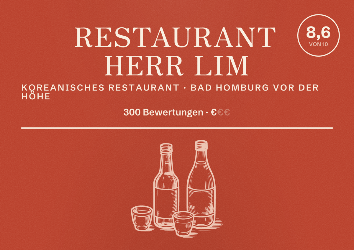 Illustriertes Poster von Restaurant Herr Lim, Koreanisches Restaurant in Bad Homburg vor der Höhe: Bewertung 8,6 von 10 aus 300 Bewertungen, Preisniveau €