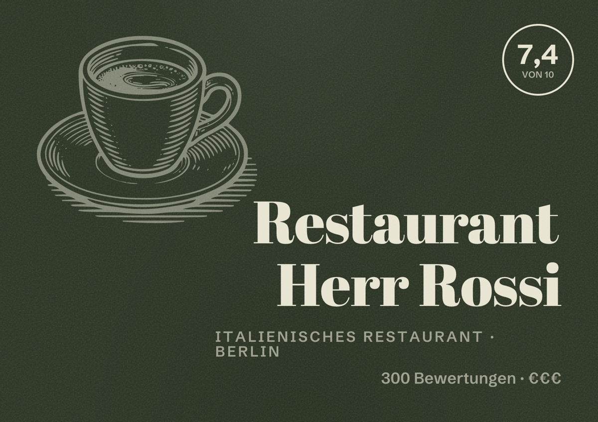 Illustriertes Poster von Restaurant Herr Rossi, Italienisches Restaurant in Berlin: Bewertung 7,4 von 10 aus 300 Bewertungen, Preisniveau €€€