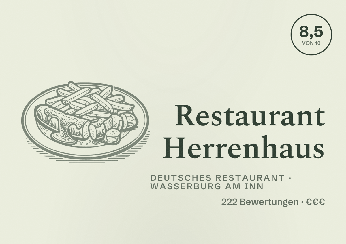 Illustriertes Poster von Restaurant Herrenhaus, Deutsches Restaurant in Wasserburg am Inn: Bewertung 8,5 von 10 aus 222 Bewertungen, Preisniveau €€€