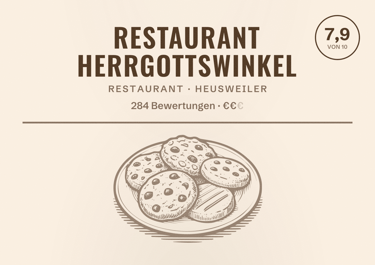 Illustriertes Poster von Restaurant Herrgottswinkel, Restaurant in Heusweiler: Bewertung 7,9 von 10 aus 284 Bewertungen, Preisniveau €€