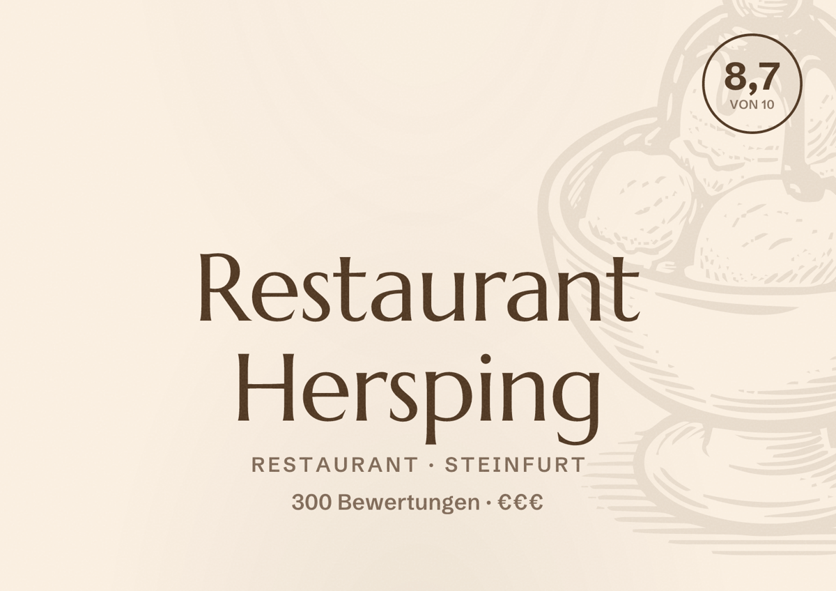 Illustriertes Poster von Restaurant Hersping, Restaurant in Steinfurt: Bewertung 8,7 von 10 aus 300 Bewertungen, Preisniveau €€€