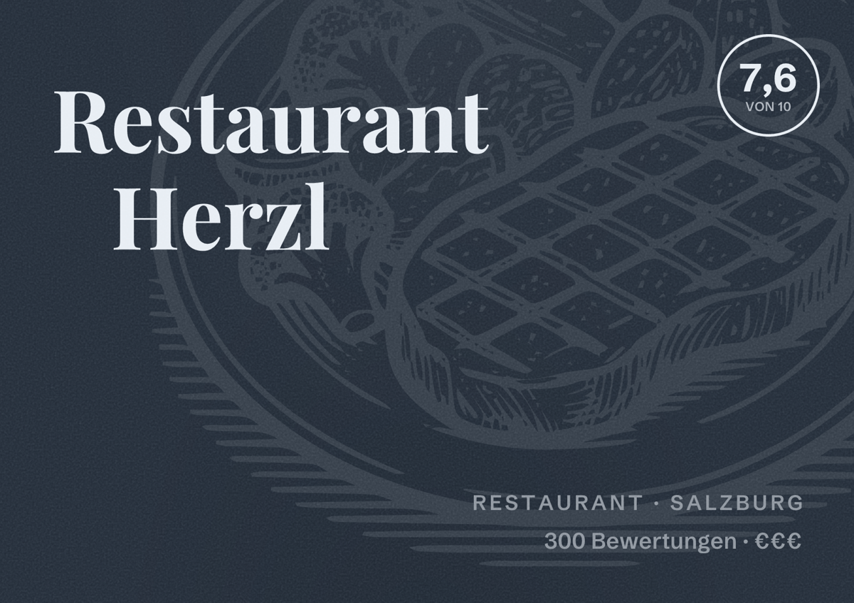 Illustriertes Poster von Restaurant Herzl, Restaurant in Salzburg: Bewertung 7,6 von 10 aus 300 Bewertungen, Preisniveau €€€
