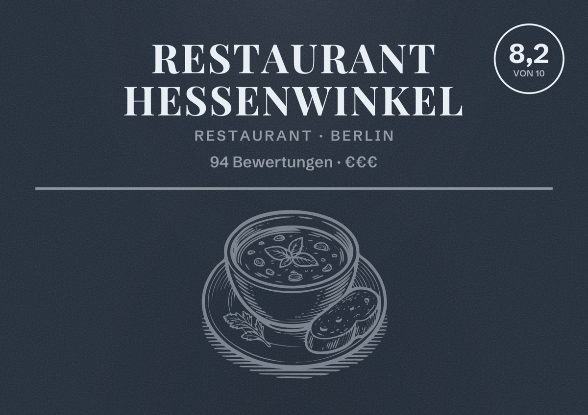 Illustriertes Poster von Restaurant Hessenwinkel, Restaurant in Berlin: Bewertung 8,2 von 10 aus 94 Bewertungen, Preisniveau €€€