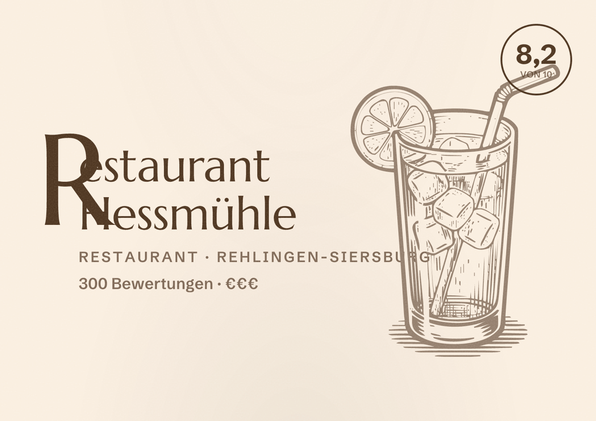 Illustriertes Poster von Restaurant Hessmühle, Restaurant in Rehlingen-Siersburg: Bewertung 8,2 von 10 aus 300 Bewertungen, Preisniveau €€€