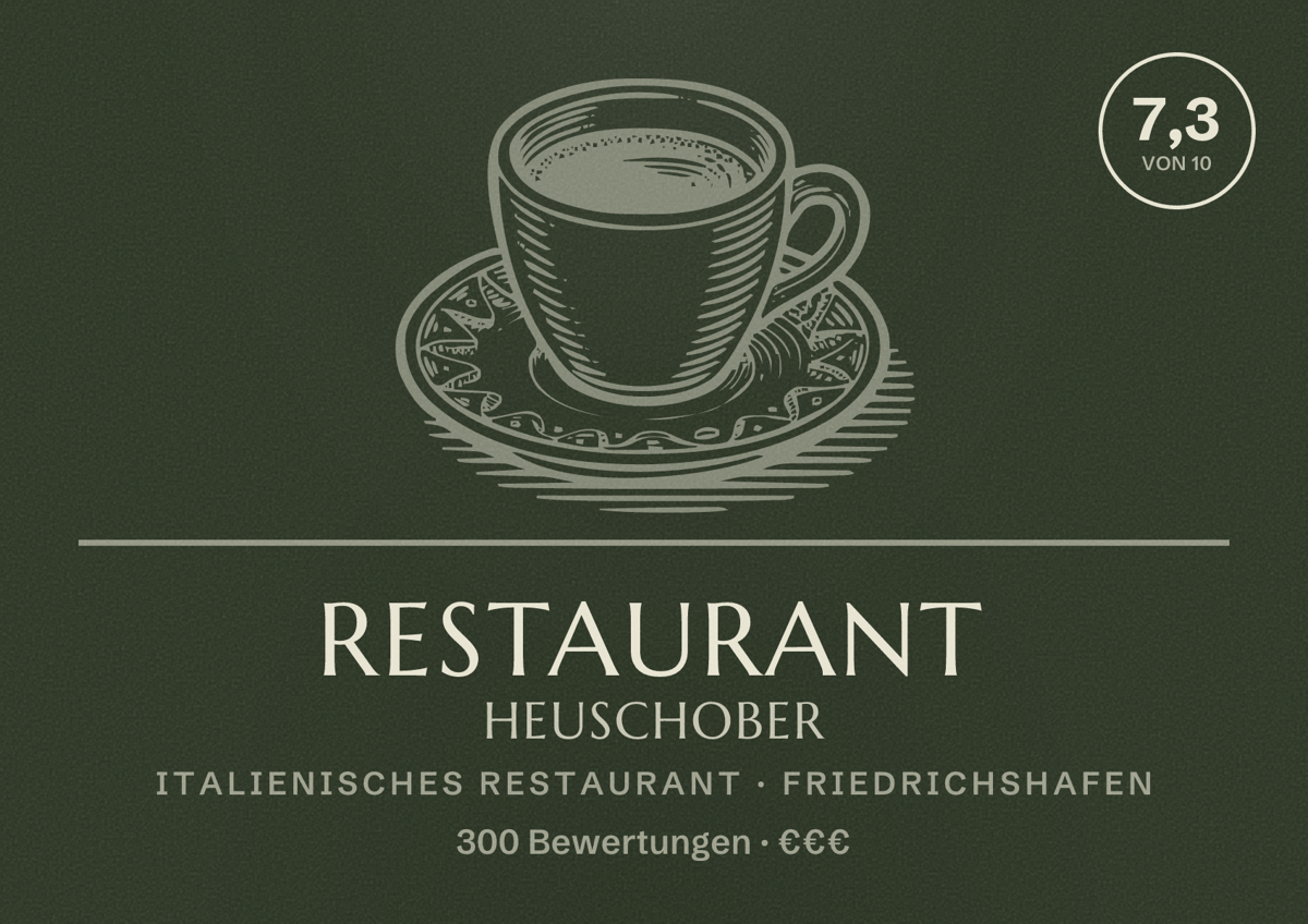 Illustriertes Poster von Restaurant Heuschober, Italienisches Restaurant in Friedrichshafen: Bewertung 7,3 von 10 aus 300 Bewertungen, Preisniveau €€€
