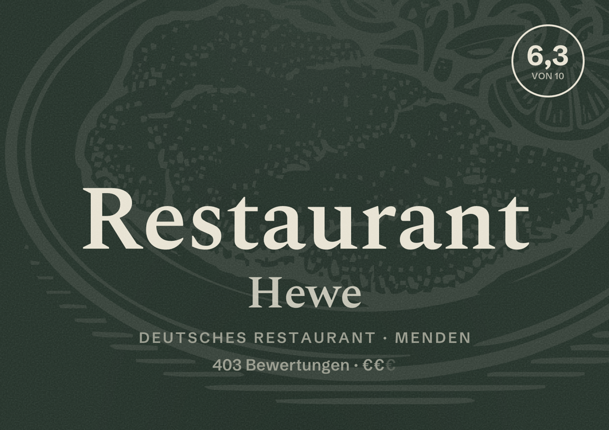 Illustriertes Poster von Restaurant Hewe, Deutsches Restaurant in Menden: Bewertung 6,3 von 10 aus 403 Bewertungen, Preisniveau €€