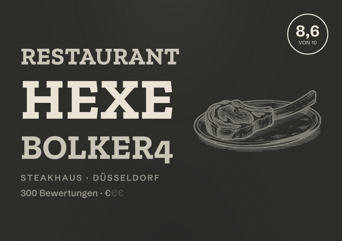 Illustriertes Poster von Restaurant Hexe Bolker4, Steakhaus in Düsseldorf: Bewertung 8,6 von 10 aus 300 Bewertungen, Preisniveau €