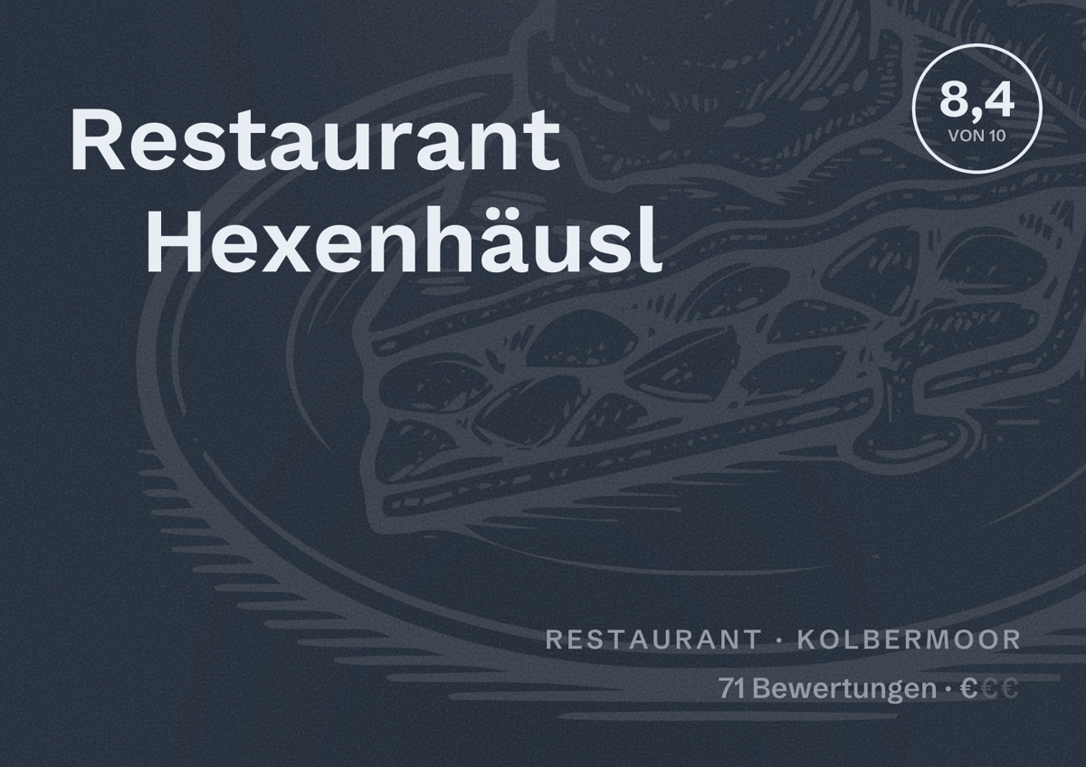Illustriertes Poster von Restaurant Hexenhäusl, Restaurant in Kolbermoor: Bewertung 8,4 von 10 aus 71 Bewertungen, Preisniveau €