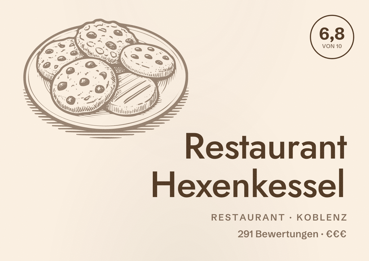 Illustriertes Poster von Restaurant Hexenkessel, Restaurant in Koblenz: Bewertung 6,8 von 10 aus 291 Bewertungen, Preisniveau €€€