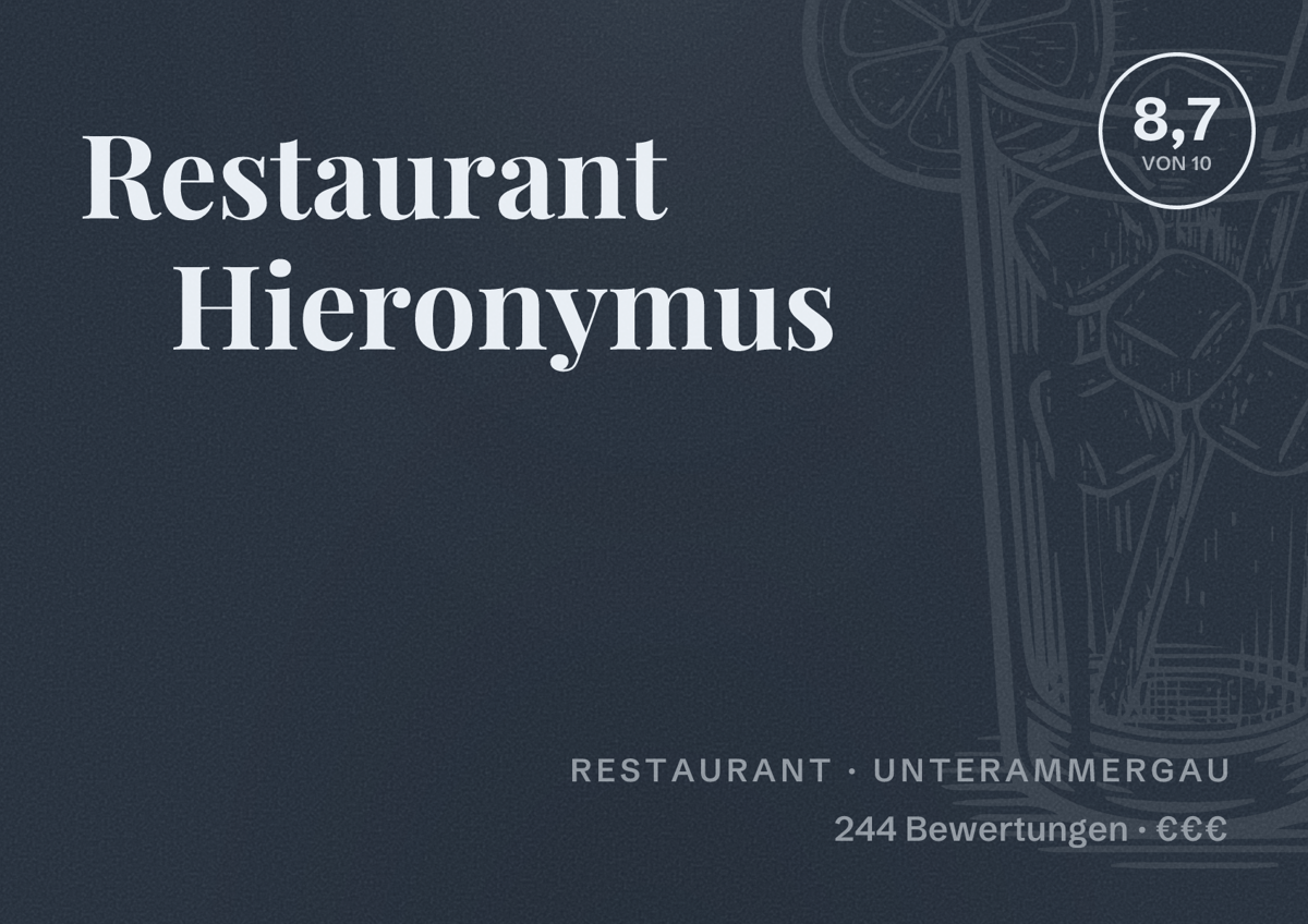 Illustriertes Poster von Restaurant Hieronymus, Restaurant in Unterammergau: Bewertung 8,7 von 10 aus 244 Bewertungen, Preisniveau €€€