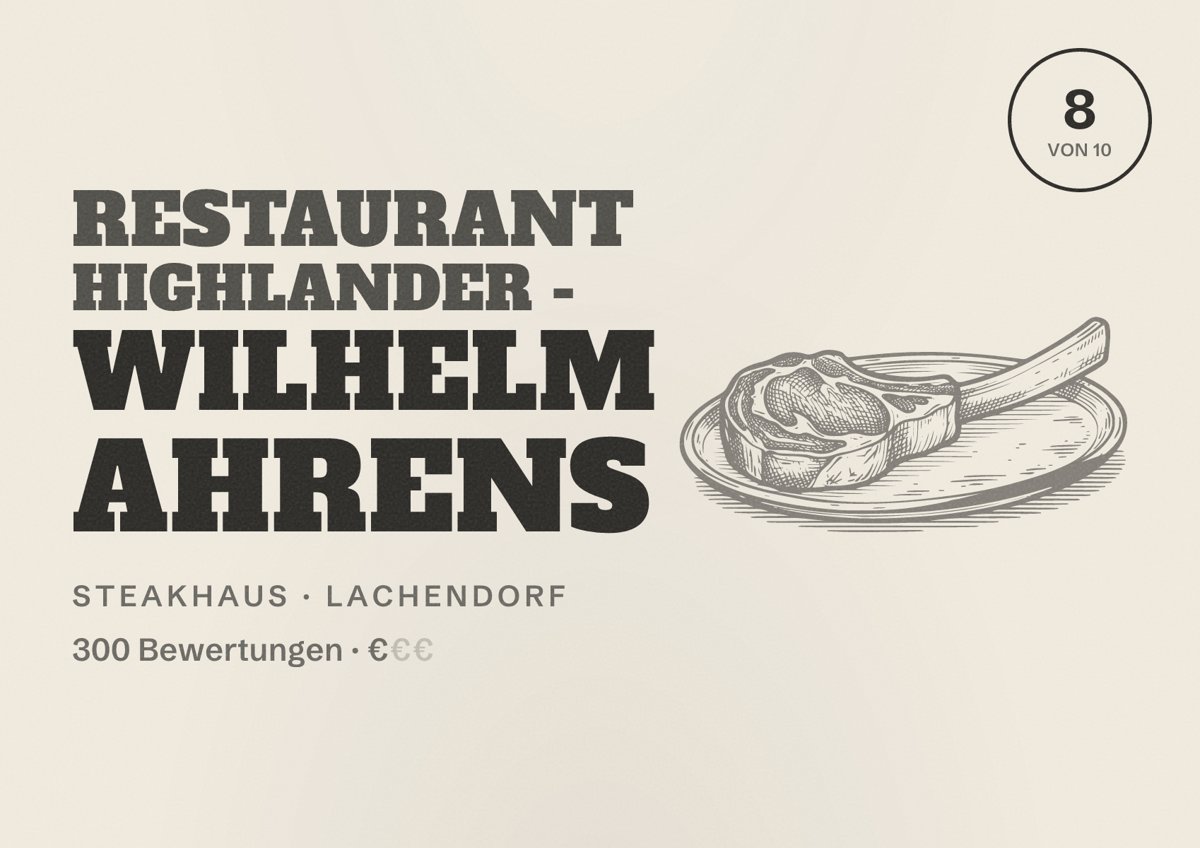 Illustriertes Poster von Restaurant Highlander - Wilhelm Ahrens, Steakhaus in Lachendorf: Bewertung 8 von 10 aus 300 Bewertungen, Preisniveau €
