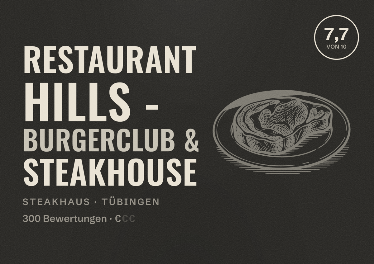 Illustriertes Poster von Restaurant HILLS - Burgerclub & Steakhouse, Steakhaus in Tübingen: Bewertung 7,7 von 10 aus 300 Bewertungen, Preisniveau €