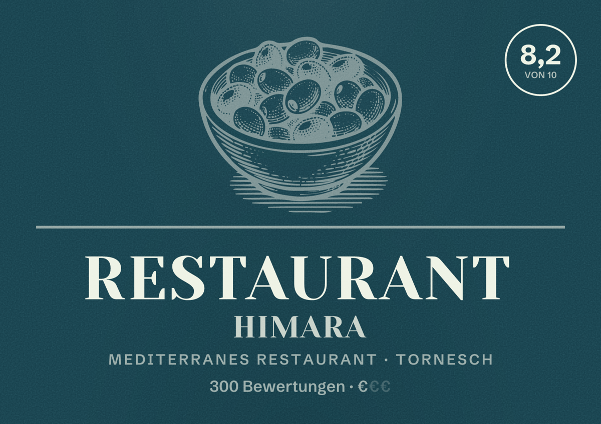 Illustriertes Poster von Restaurant Himara, Mediterranes Restaurant in Tornesch: Bewertung 8,2 von 10 aus 300 Bewertungen, Preisniveau €