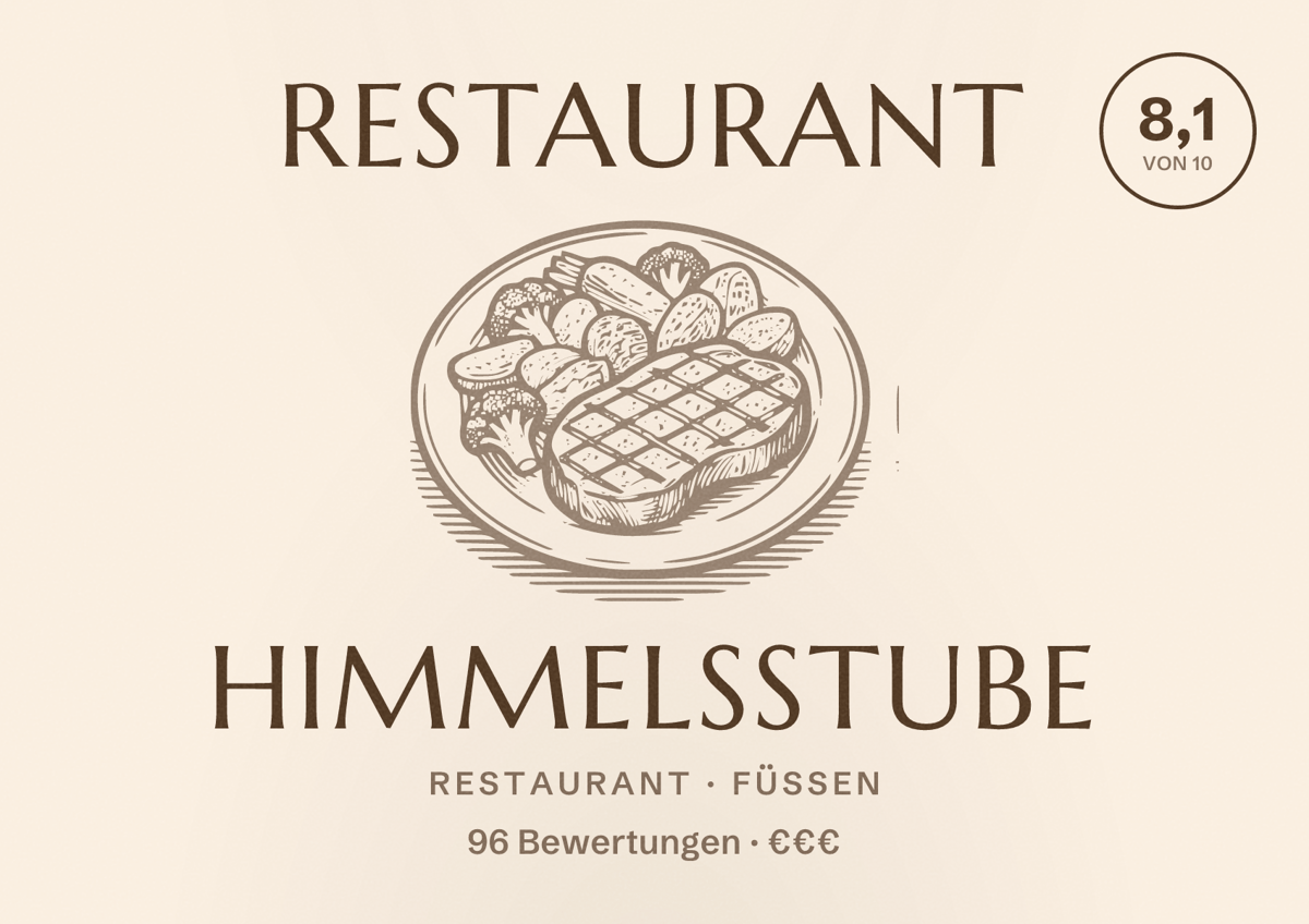 Illustriertes Poster von Restaurant Himmelsstube, Restaurant in Füssen: Bewertung 8,1 von 10 aus 96 Bewertungen, Preisniveau €€€