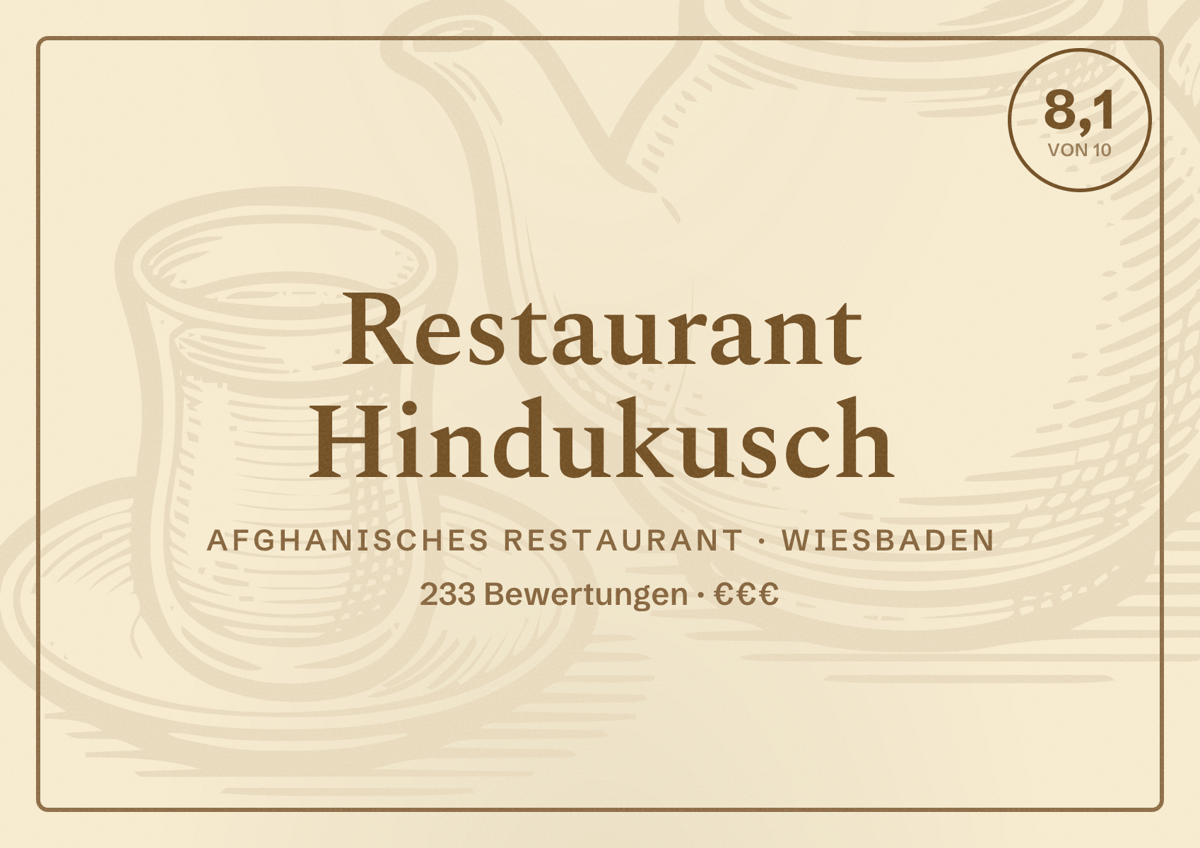 Illustriertes Poster von Restaurant Hindukusch, Afghanisches Restaurant in Wiesbaden: Bewertung 8,1 von 10 aus 233 Bewertungen, Preisniveau €€€
