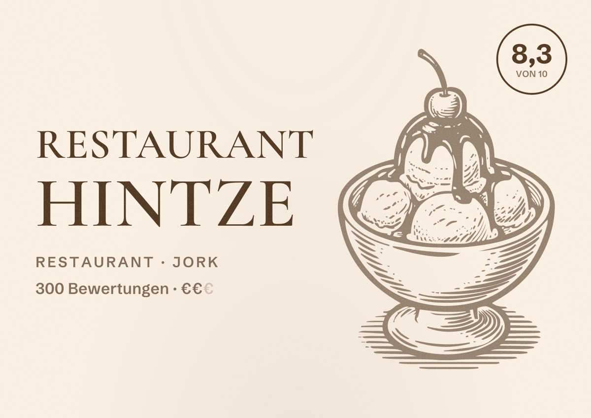 Illustriertes Poster von Restaurant Hintze, Restaurant in Jork: Bewertung 8,3 von 10 aus 300 Bewertungen, Preisniveau €€