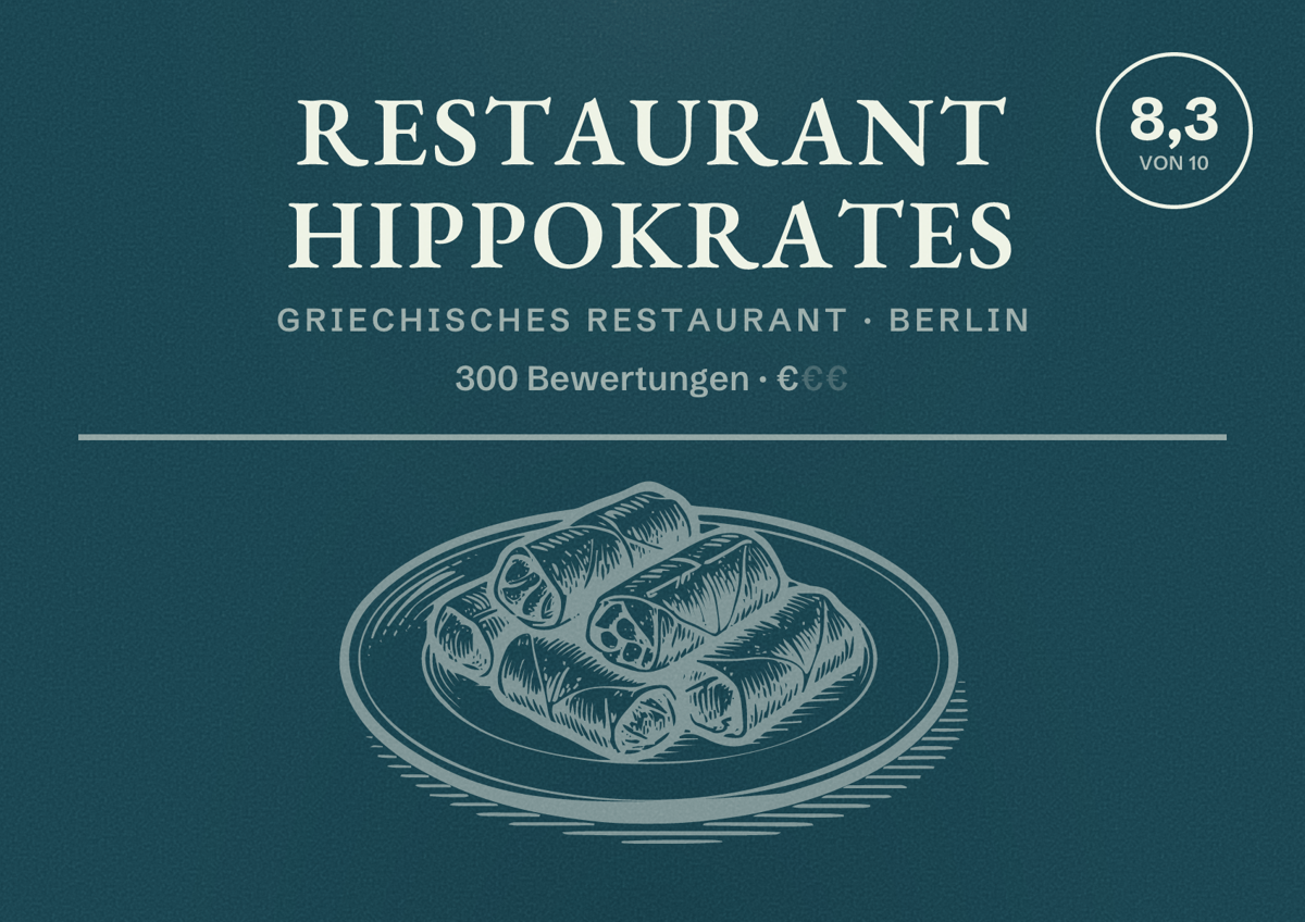 Illustriertes Poster von Restaurant Hippokrates, Griechisches Restaurant in Berlin: Bewertung 8,3 von 10 aus 300 Bewertungen, Preisniveau €