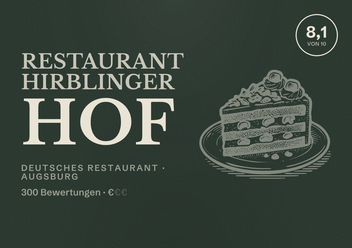 Illustriertes Poster von Restaurant Hirblinger Hof, Deutsches Restaurant in Augsburg: Bewertung 8,1 von 10 aus 300 Bewertungen, Preisniveau €
