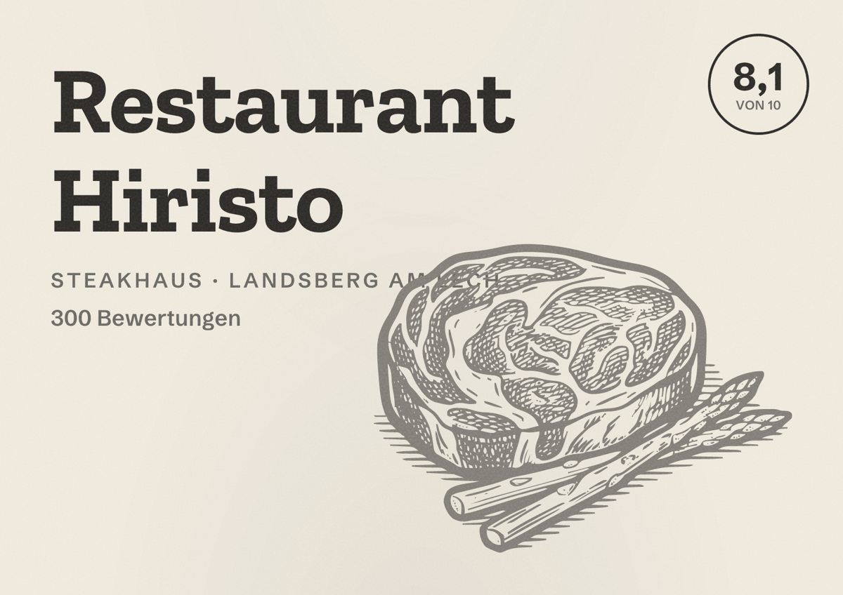 Illustriertes Poster von Restaurant Hiristo, Steakhaus in Landsberg am Lech: Bewertung 8,1 von 10 aus 300 Bewertungen