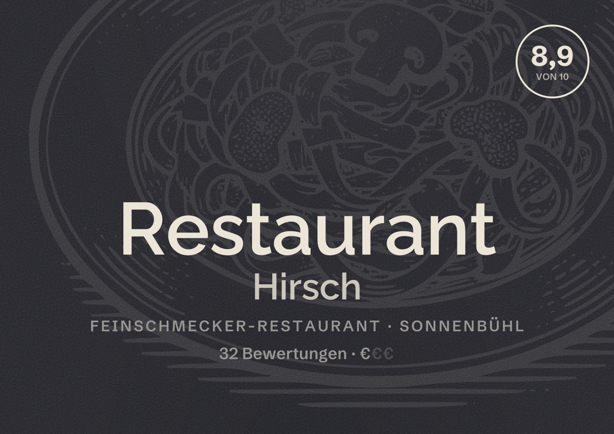 Illustriertes Poster von Restaurant Hirsch, Feinschmecker-Restaurant in Sonnenbühl: Bewertung 8,9 von 10 aus 32 Bewertungen, Preisniveau €