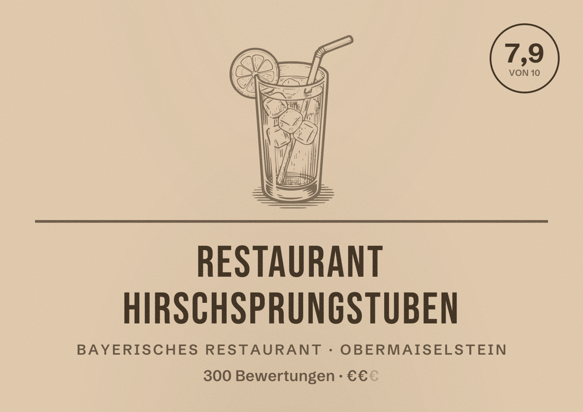 Illustriertes Poster von Restaurant Hirschsprungstuben, Bayerisches Restaurant in Obermaiselstein: Bewertung 7,9 von 10 aus 300 Bewertungen, Preisniveau €€