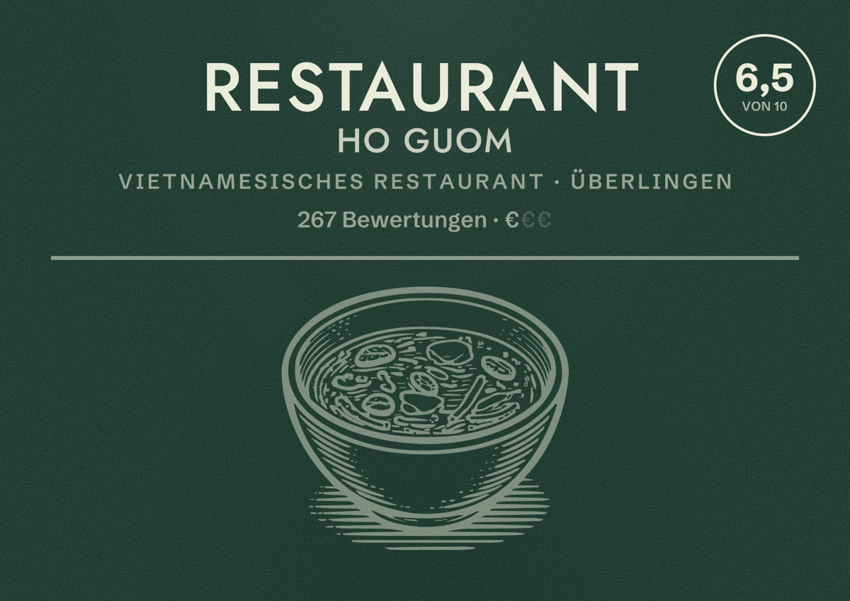 Illustriertes Poster von Restaurant Ho Guom, Vietnamesisches Restaurant in Überlingen: Bewertung 6,5 von 10 aus 267 Bewertungen, Preisniveau €