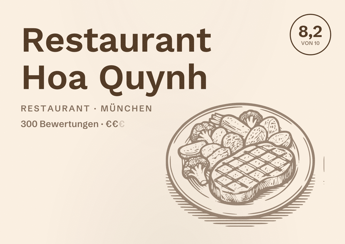 Illustriertes Poster von Restaurant Hoa Quynh, Restaurant in München: Bewertung 8,2 von 10 aus 300 Bewertungen, Preisniveau €€