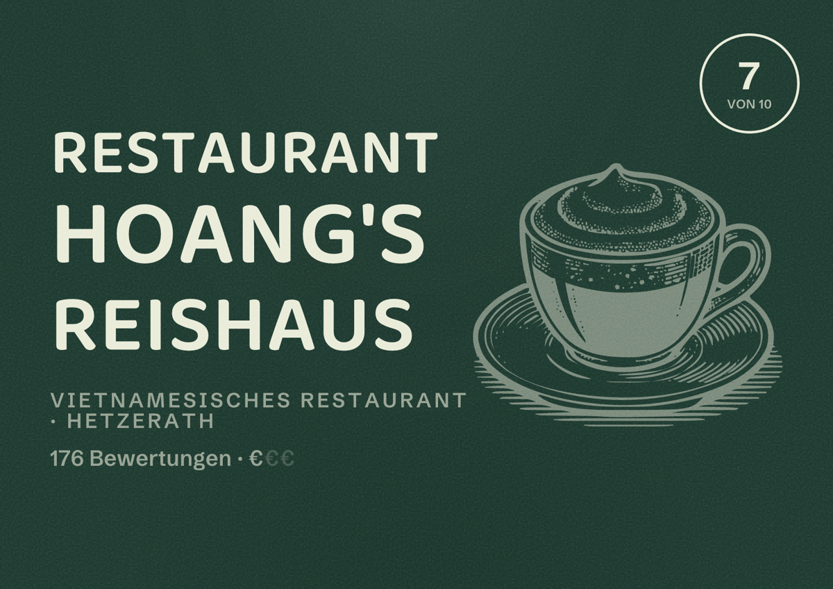 Illustriertes Poster von Restaurant Hoang's Reishaus, Vietnamesisches Restaurant in Hetzerath: Bewertung 7 von 10 aus 176 Bewertungen, Preisniveau €
