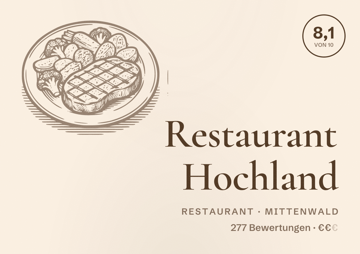 Illustriertes Poster von Restaurant Hochland, Restaurant in Mittenwald: Bewertung 8,1 von 10 aus 277 Bewertungen, Preisniveau €€