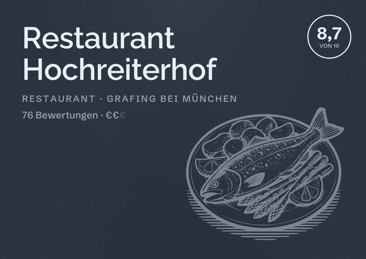 Illustriertes Poster von Restaurant Hochreiterhof, Restaurant in Grafing bei München: Bewertung 8,7 von 10 aus 76 Bewertungen, Preisniveau €€