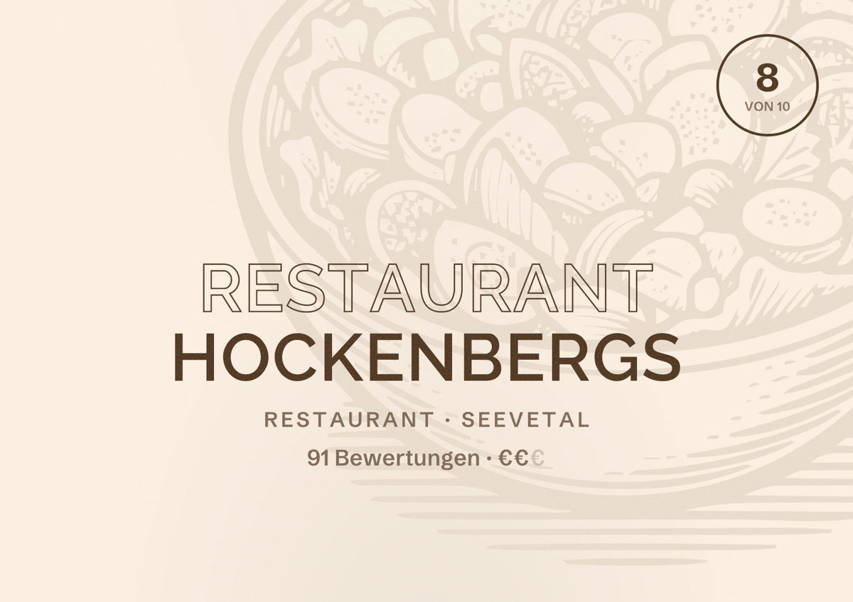 Illustriertes Poster von Restaurant Hockenbergs, Restaurant in Seevetal: Bewertung 8 von 10 aus 91 Bewertungen, Preisniveau €€