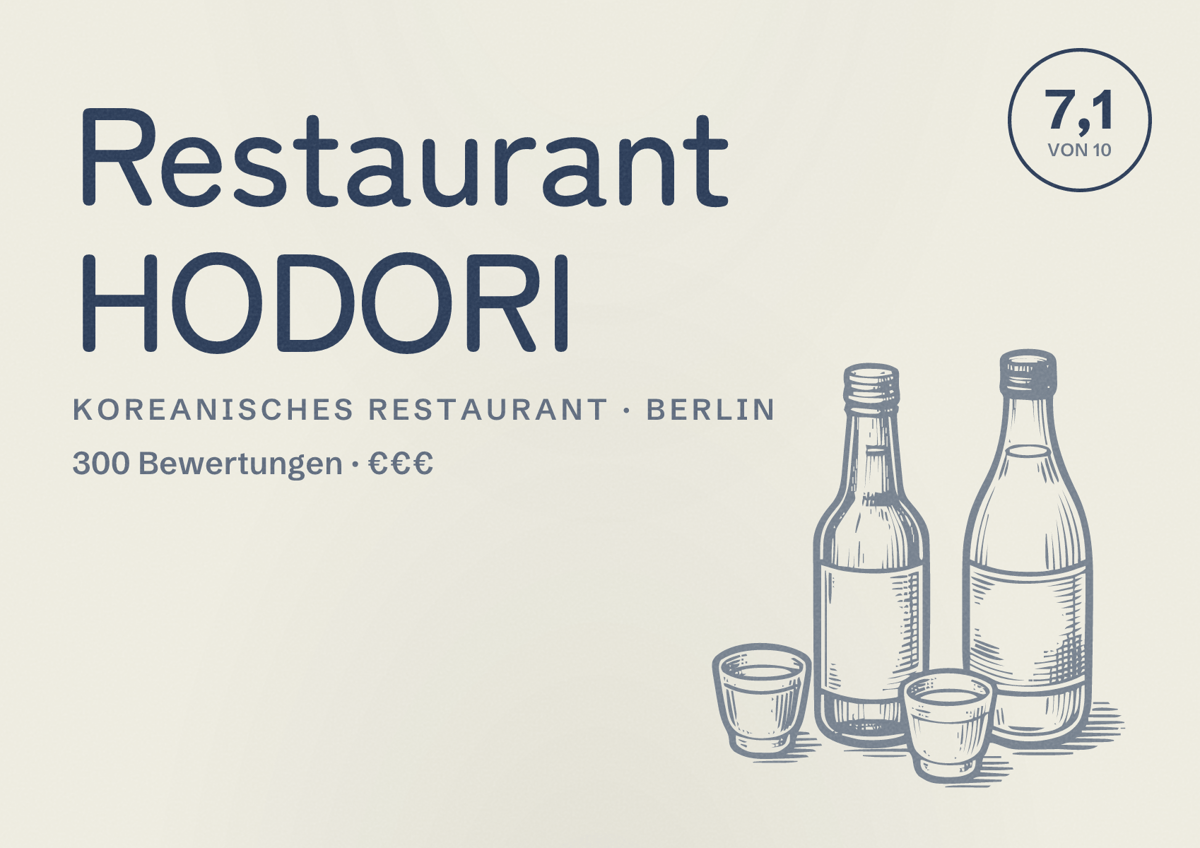 Illustriertes Poster von Restaurant HODORI, Koreanisches Restaurant in Berlin: Bewertung 7,1 von 10 aus 300 Bewertungen, Preisniveau €€€