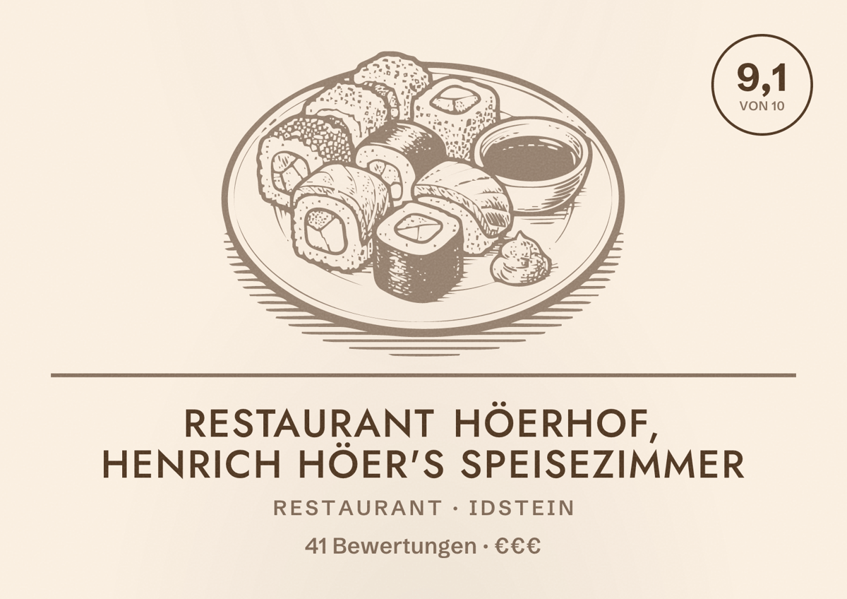 Illustriertes Poster von Restaurant Höerhof, Henrich Höer's Speisezimmer, Restaurant in Idstein: Bewertung 9,1 von 10 aus 41 Bewertungen, Preisniveau €€€
