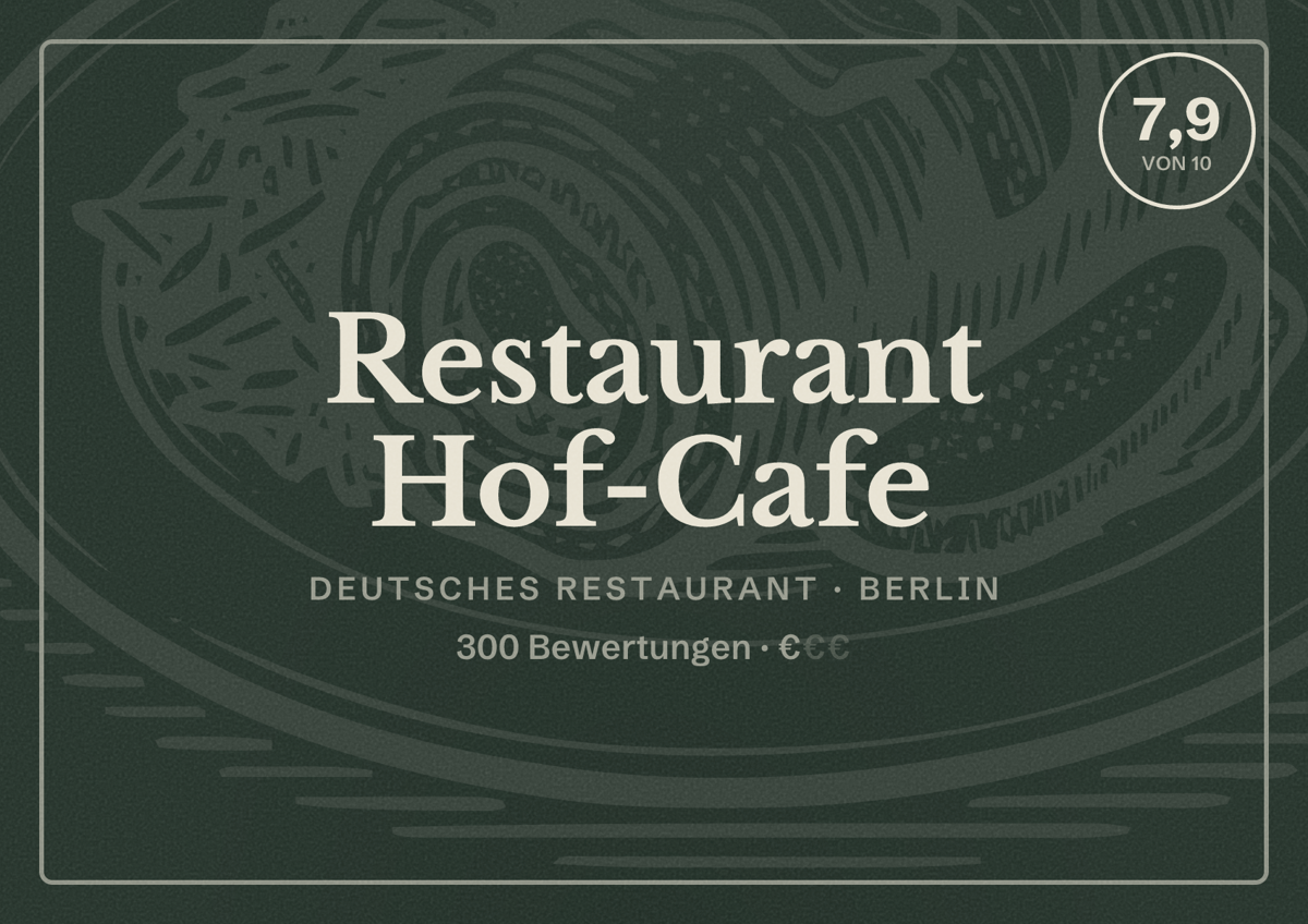 Illustriertes Poster von Restaurant Hof-Cafe, Deutsches Restaurant in Berlin: Bewertung 7,9 von 10 aus 300 Bewertungen, Preisniveau €