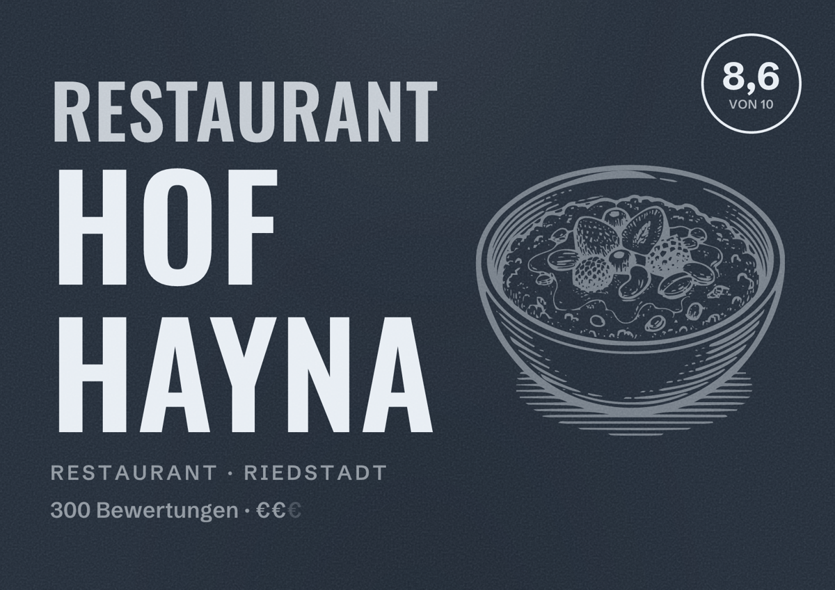 Illustriertes Poster von Restaurant Hof Hayna, Restaurant in Riedstadt: Bewertung 8,6 von 10 aus 300 Bewertungen, Preisniveau €€