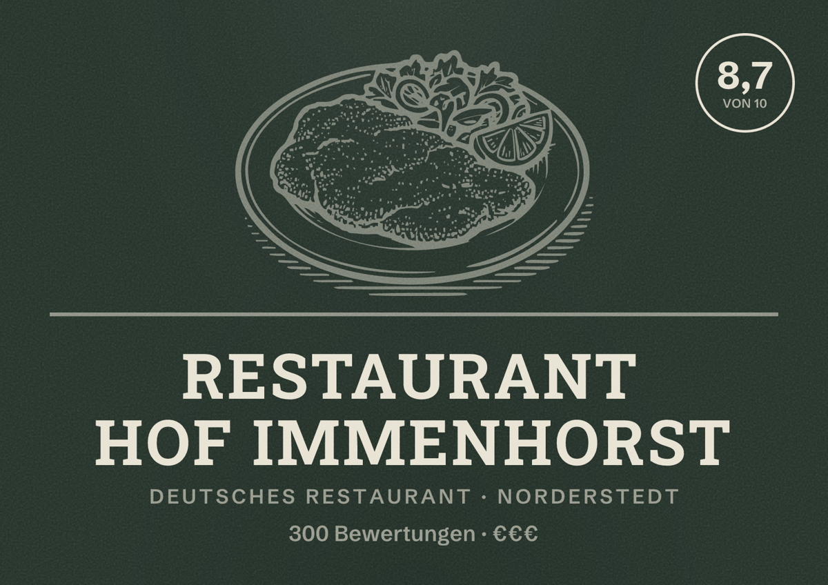 Illustriertes Poster von Restaurant Hof Immenhorst, Deutsches Restaurant in Norderstedt: Bewertung 8,7 von 10 aus 300 Bewertungen, Preisniveau €€€