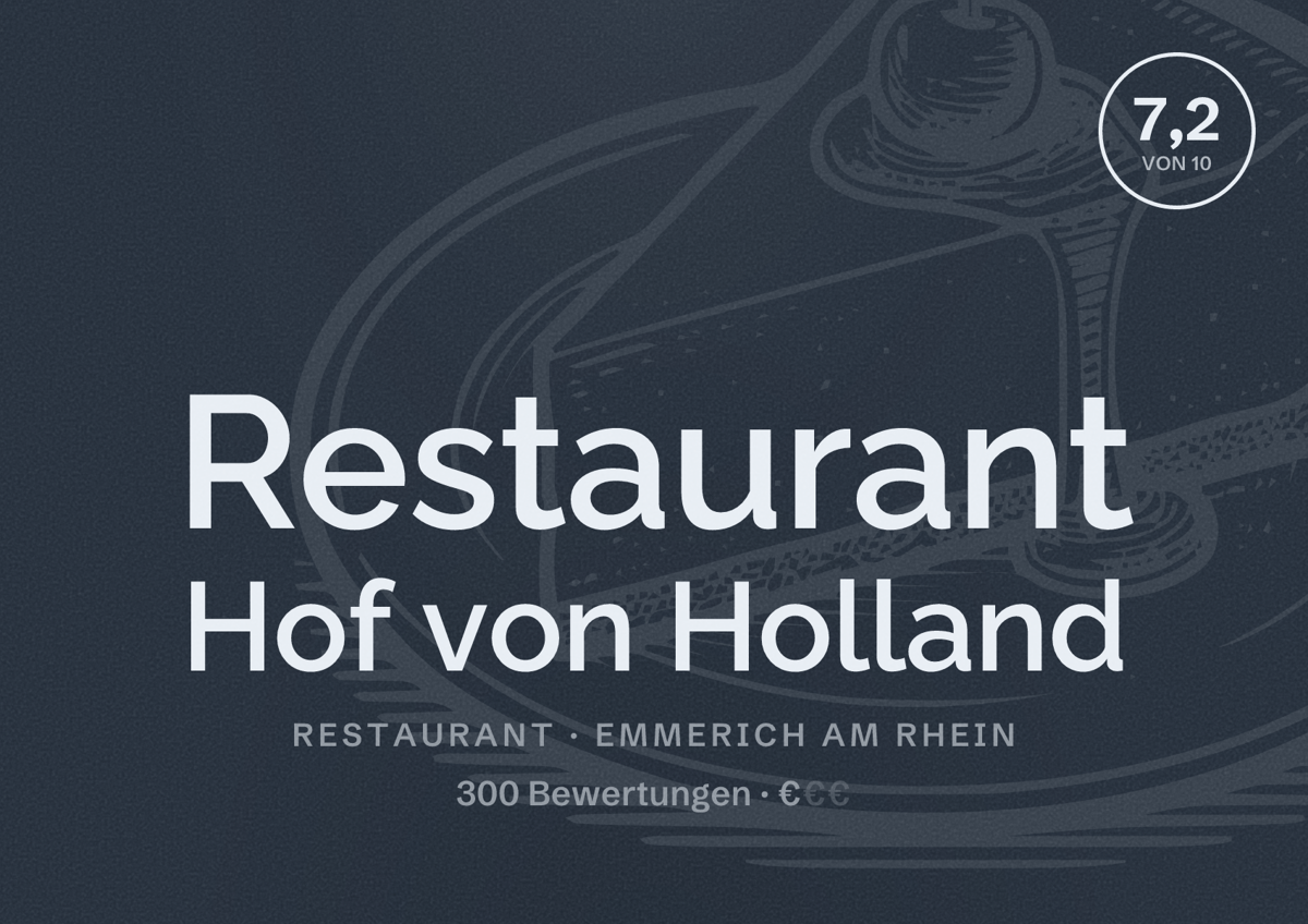 Illustriertes Poster von Restaurant Hof von Holland, Restaurant in Emmerich am Rhein: Bewertung 7,2 von 10 aus 300 Bewertungen, Preisniveau €