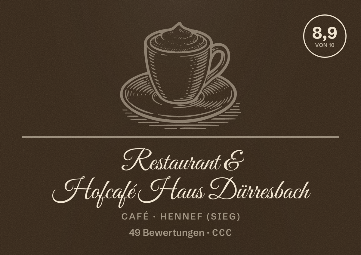 Illustriertes Poster von Restaurant & Hofcafé Haus Dürresbach, Café in Hennef (Sieg): Bewertung 8,9 von 10 aus 49 Bewertungen, Preisniveau €€€