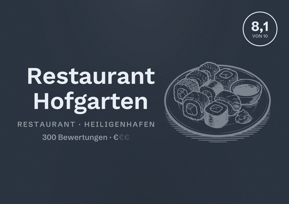 Illustriertes Poster von Restaurant Hofgarten, Restaurant in Heiligenhafen: Bewertung 8,1 von 10 aus 300 Bewertungen, Preisniveau €