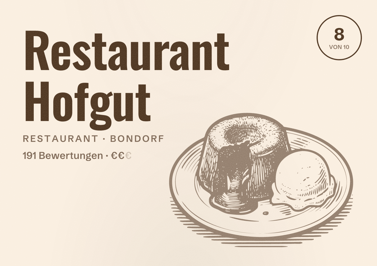Illustriertes Poster von Restaurant Hofgut, Restaurant in Bondorf: Bewertung 8 von 10 aus 191 Bewertungen, Preisniveau €€