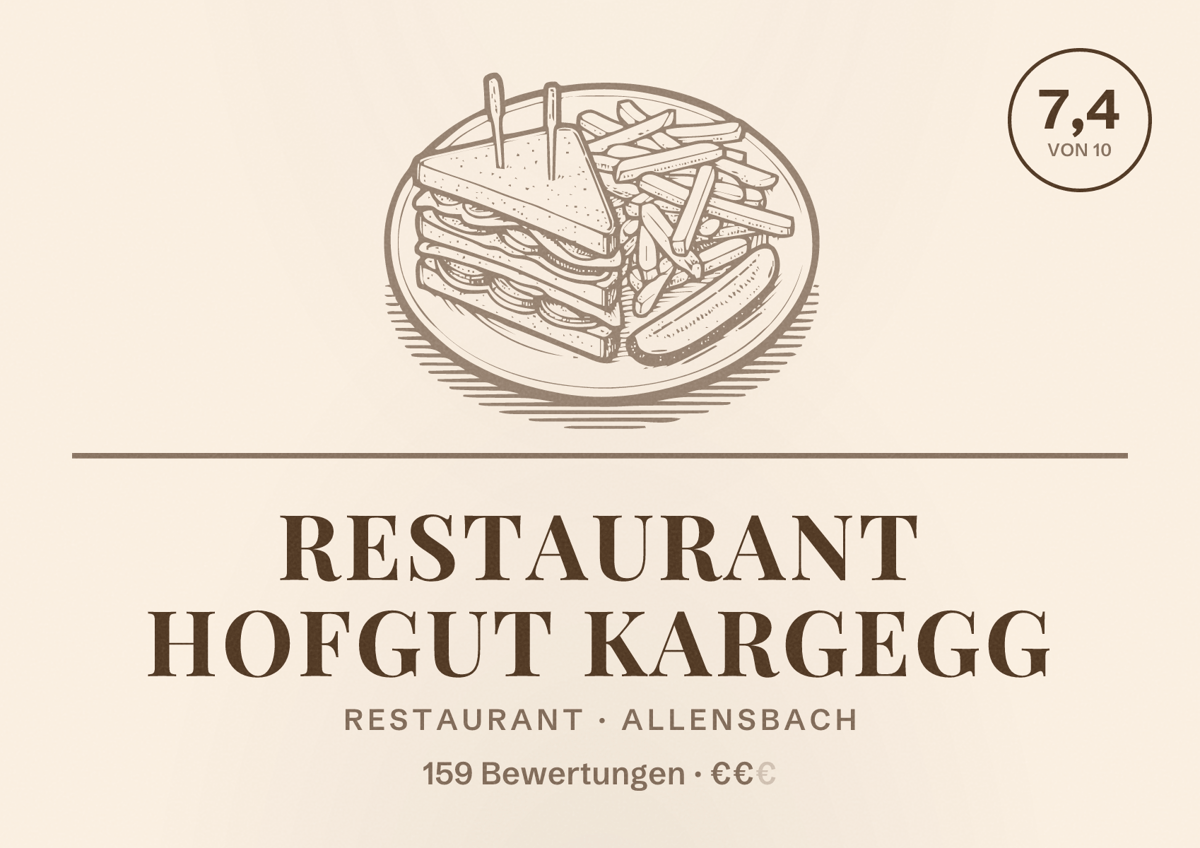 Illustriertes Poster von Restaurant Hofgut Kargegg, Restaurant in Allensbach: Bewertung 7,4 von 10 aus 159 Bewertungen, Preisniveau €€