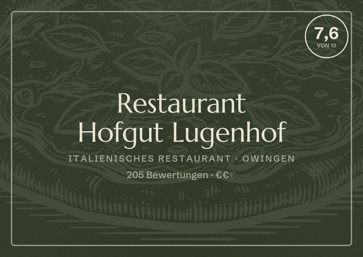 Illustriertes Poster von Restaurant Hofgut Lugenhof, Italienisches Restaurant in Owingen: Bewertung 7,6 von 10 aus 205 Bewertungen, Preisniveau €€