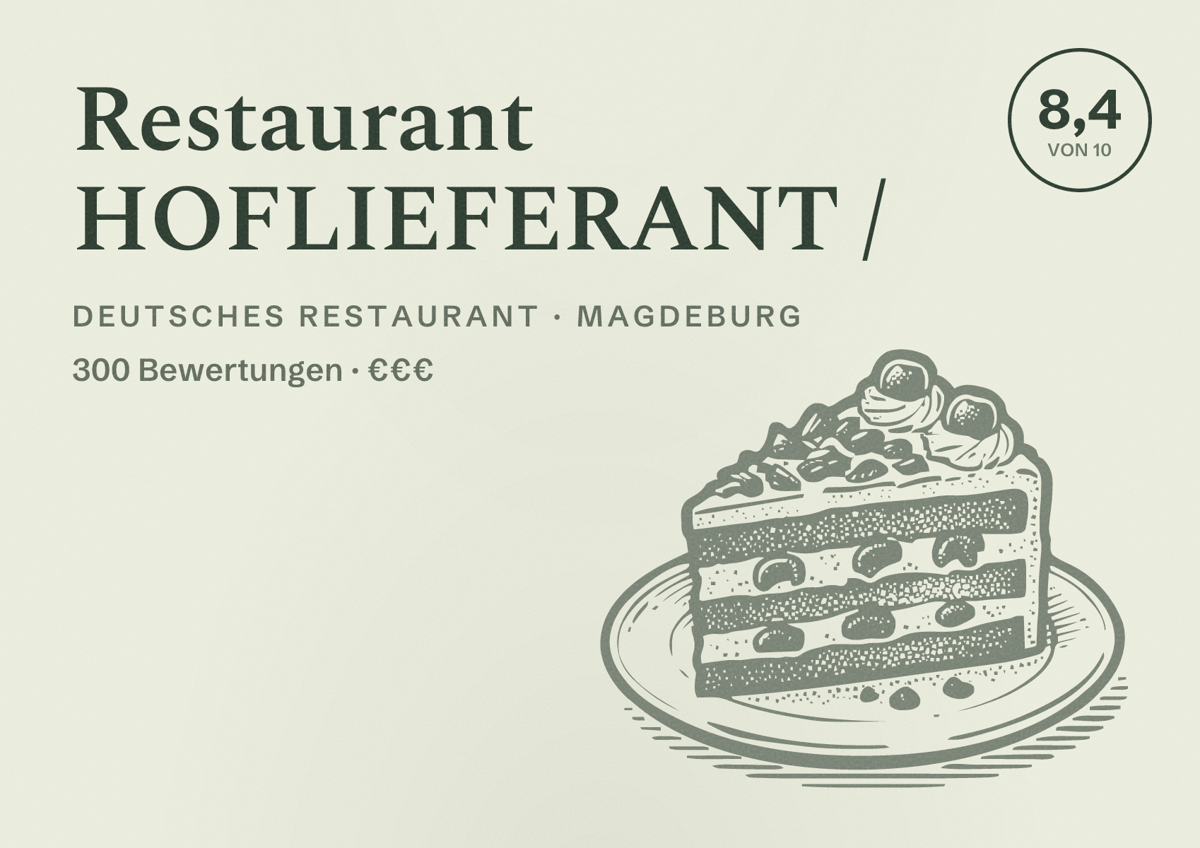 Illustriertes Poster von Restaurant HOFLIEFERANT /, Deutsches Restaurant in Magdeburg: Bewertung 8,4 von 10 aus 300 Bewertungen, Preisniveau €€€