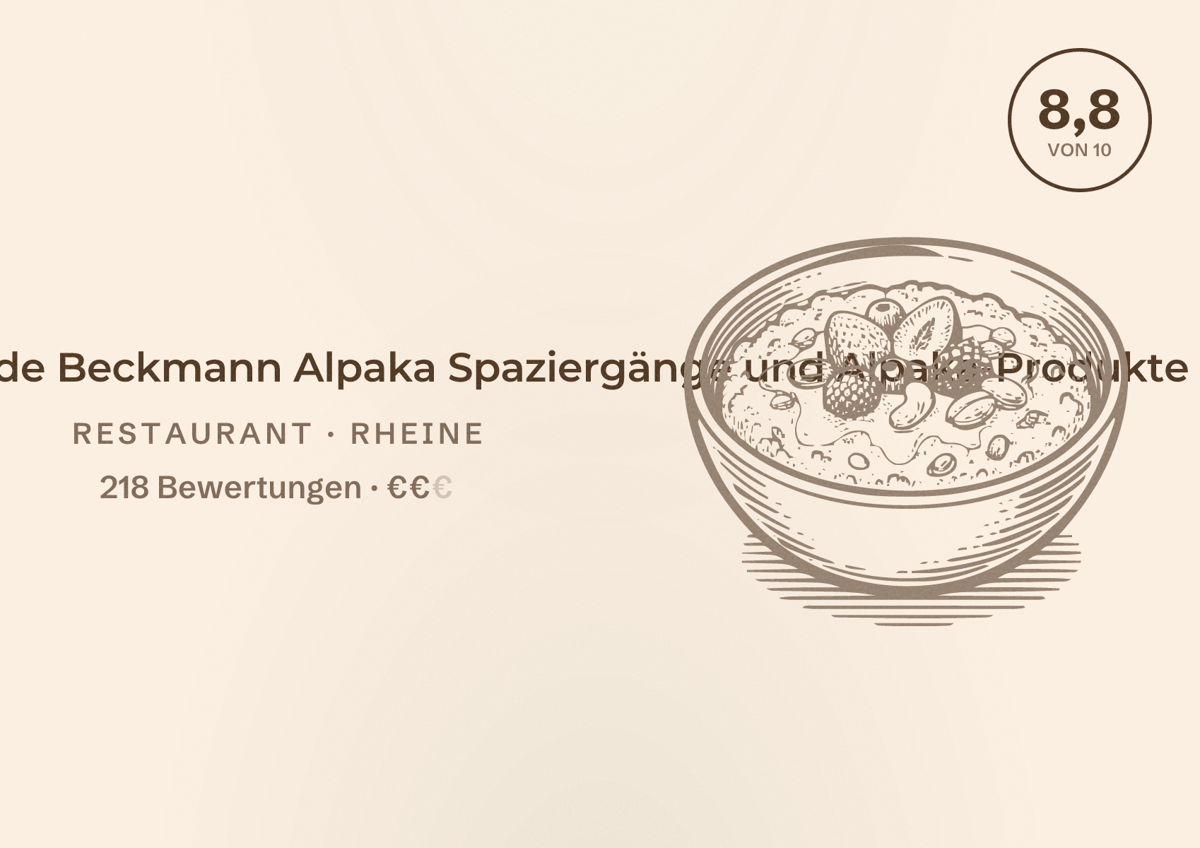 Illustriertes Poster von Restaurant Hohe Heide Beckmann Alpaka Spaziergänge und Alpaka-Produkte, Restaurant in Rheine: Bewertung 8,8 von 10 aus 218 Bewertungen, Preisniveau €€